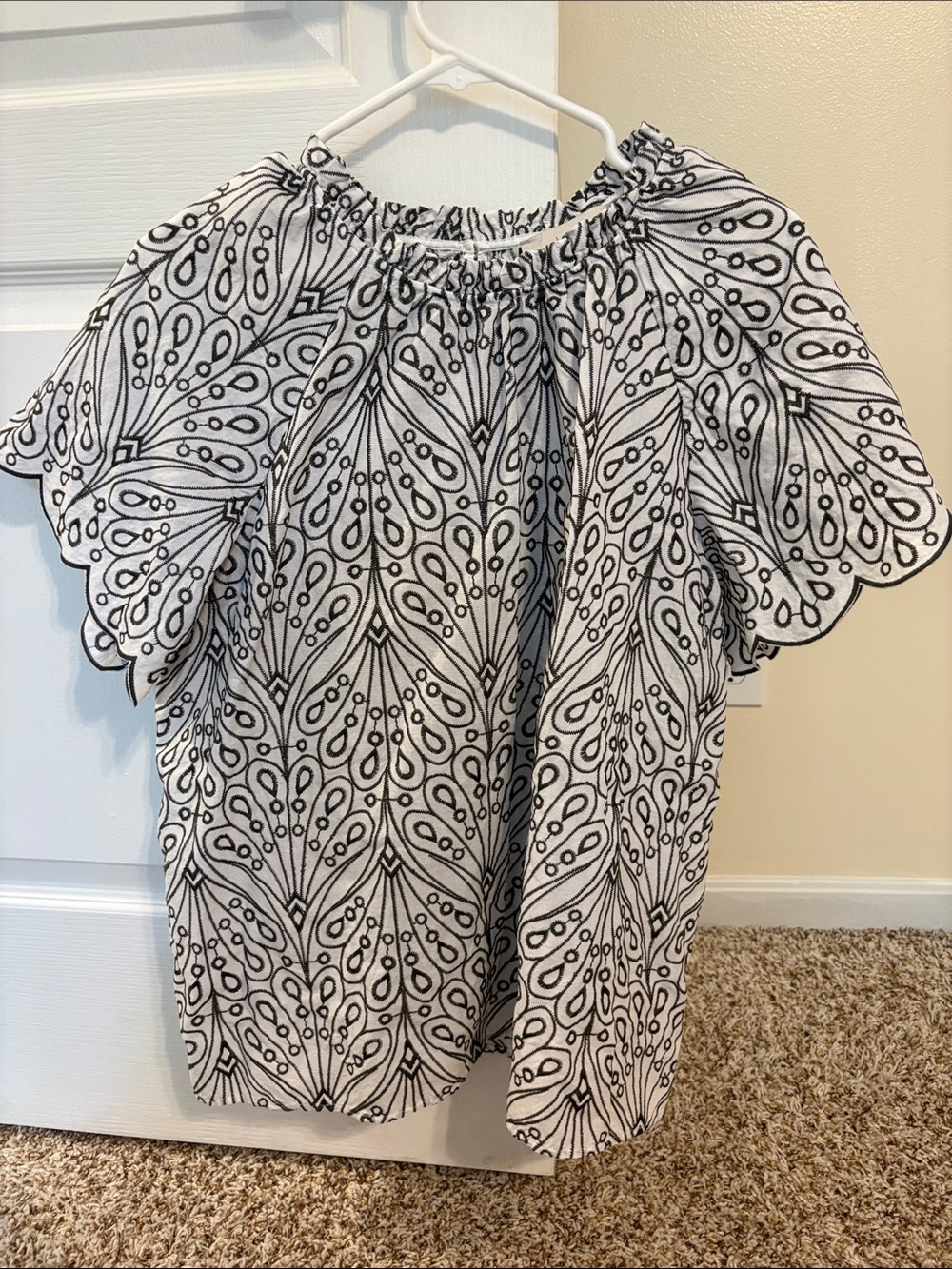 LOFT Black and White Embroidered Off-Shoulder Top